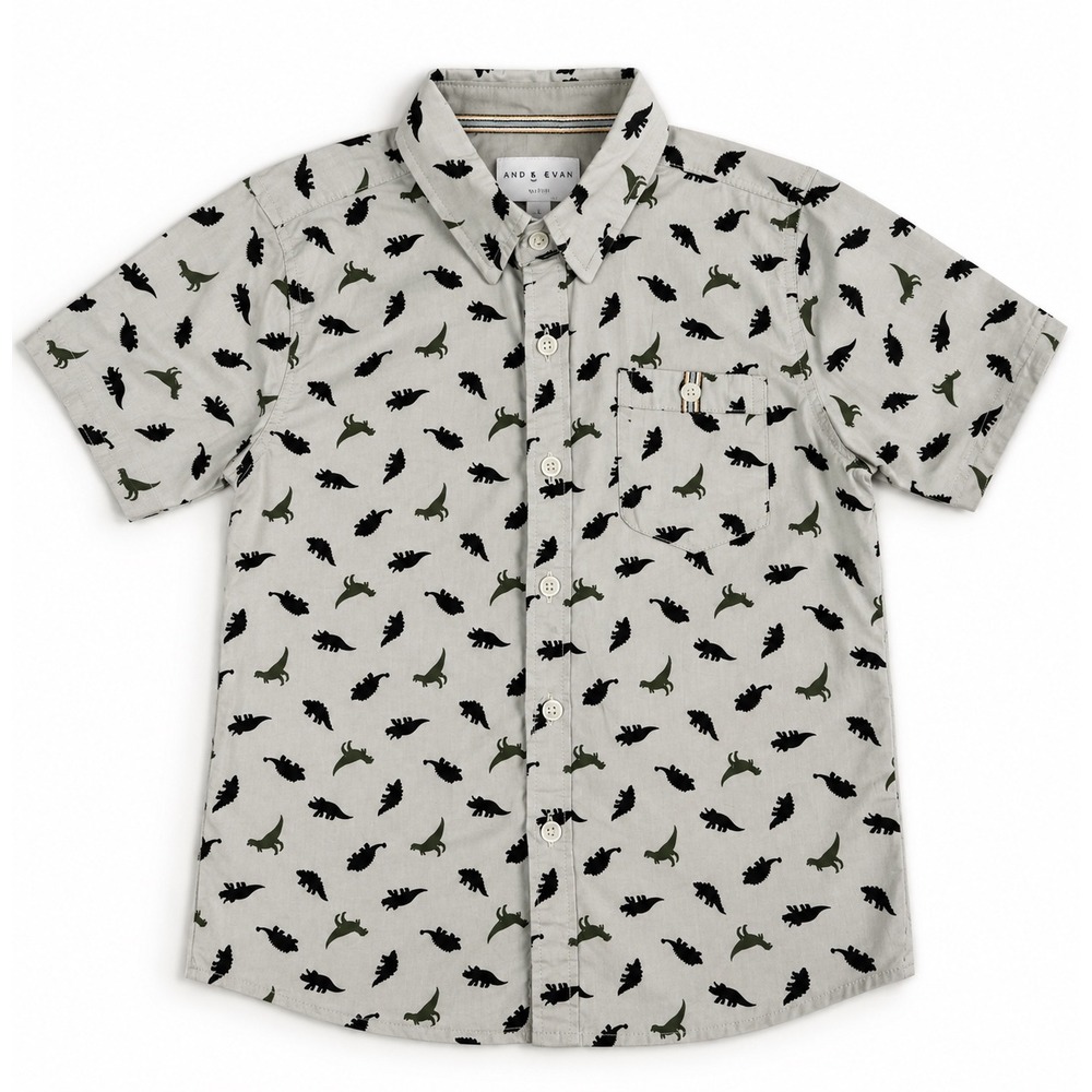 Day & Age Boys Size 5 Medium Dinosaur Print Short Sleeve Button Down Shirt Grey